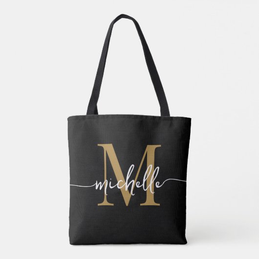 Modern Black Gold Girly Chic Monogram Name Tasche (Rückseite)