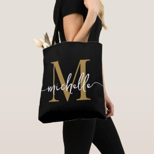 Modern Black Gold Girly Chic Monogram Name Tasche