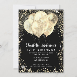 Modern Black Gold Glam Glitzer Balloon Geburtstag Einladung