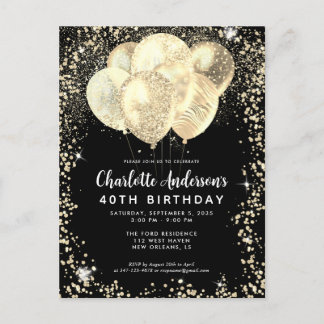 Modern Black Gold Glam Glitzer Balloon Geburtstag Postkarte