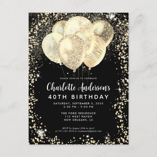 Modern Black Gold Glam Glitzer Balloon Geburtstag Postkarte (Vorderseite)