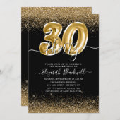 Modern Black Gold Glitzer Ballon 30. Geburtstag Einladung (Vorne/Hinten)