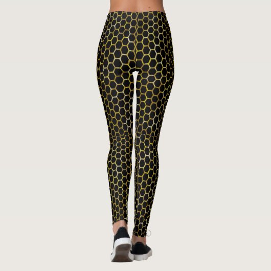 Modern Black Gold Hexagon Beehive Abstraktes Muste Leggings (Rückseite)