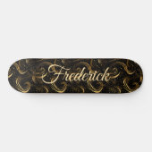 Modern Black Gold Leafy Swirls Decorative Art Name Skateboard (Horizontal)