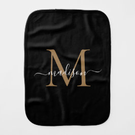 Modern Black Gold Monogram Feminine Script Name Baby Spucktuch