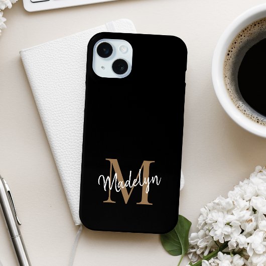 Modern Black Gold Monogram Feminine Script Name Case-Mate iPhone Hülle