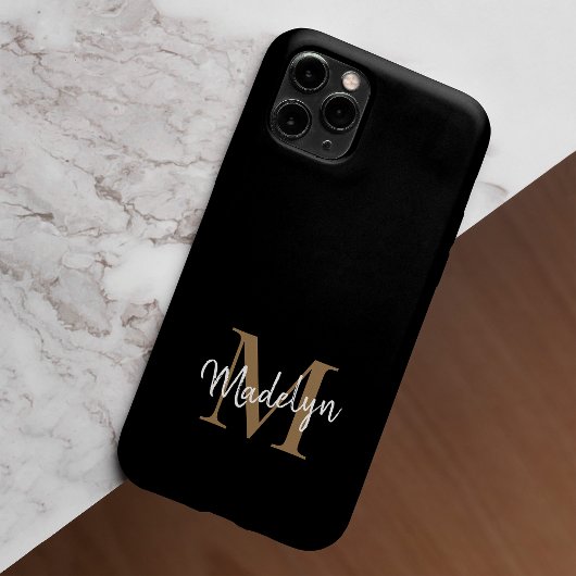 Modern Black Gold Monogram Feminine Script Name Case-Mate iPhone Hülle
