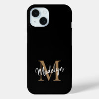 Modern Black Gold Monogram Feminine Script Name