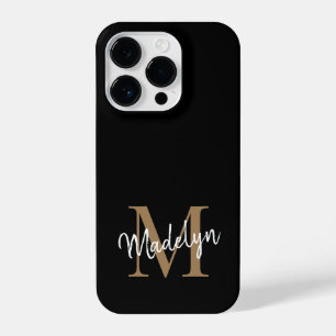 Modern Black Gold Monogram Feminine Script Name iPhone 14 Pro Hülle