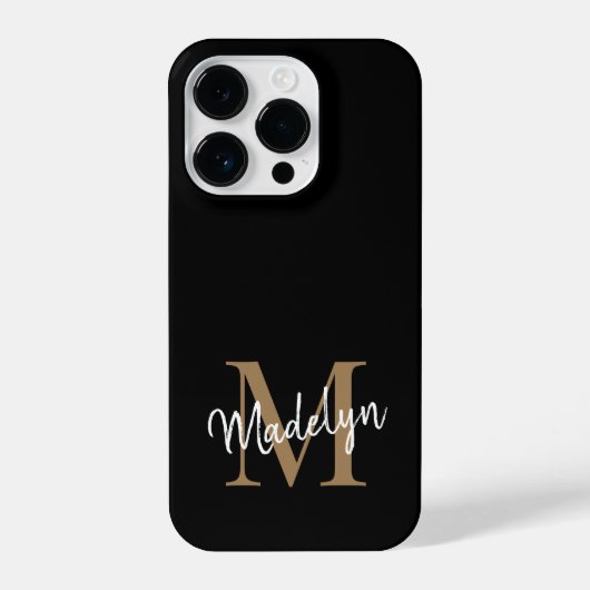 Modern Black Gold Monogram Feminine Script Name iPhone Hülle (Rückseite)