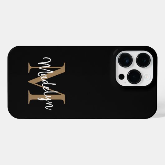 Modern Black Gold Monogram Feminine Script Name iPhone Hülle (Rückseite (Horizontal))