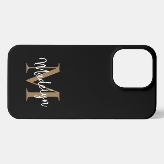 Modern Black Gold Monogram Feminine Script Name iPhone Hülle (Rückseite (Horizontal))