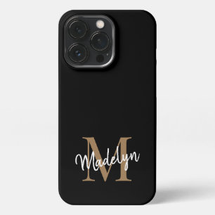 Modern Black Gold Monogram Feminine Script Name iPhone 13 Pro Hülle