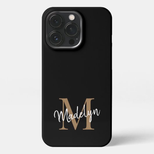 Modern Black Gold Monogram Feminine Script Name iPhone Hülle (Rückseite)