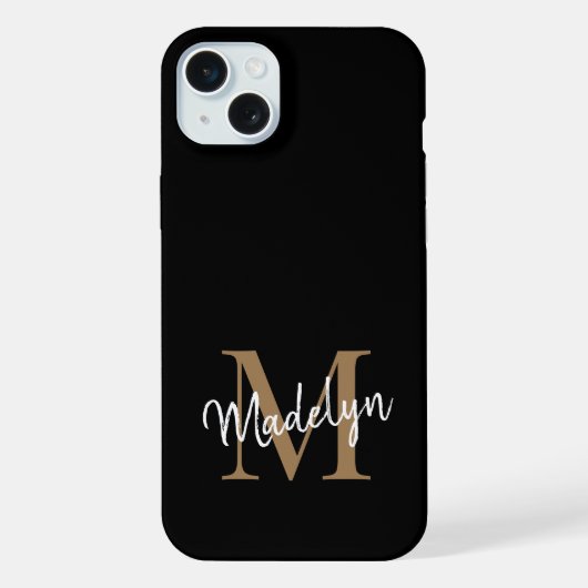 Modern Black Gold Monogram Feminine Script Name iPhone Hülle (Rückseite)