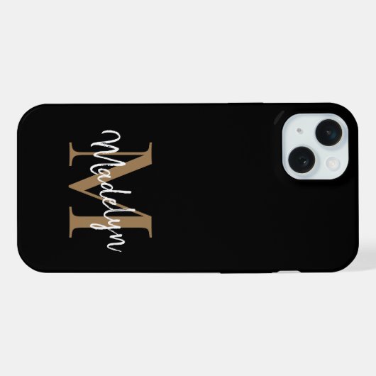 Modern Black Gold Monogram Feminine Script Name iPhone Hülle (Rückseite (Horizontal))