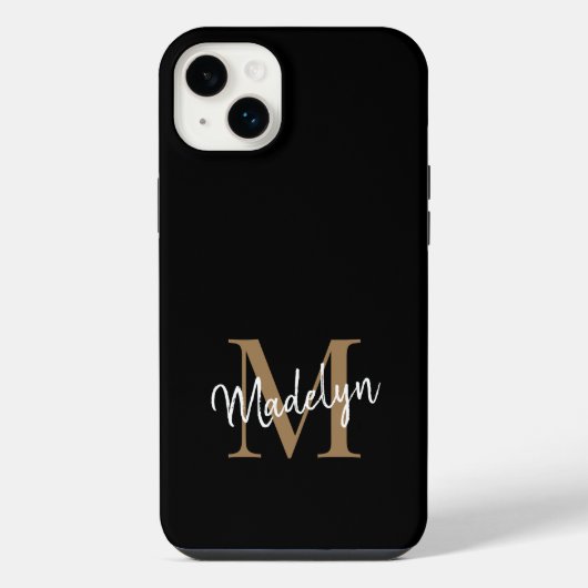 Modern Black Gold Monogram Feminine Script Name iPhone Hülle (Rückseite)