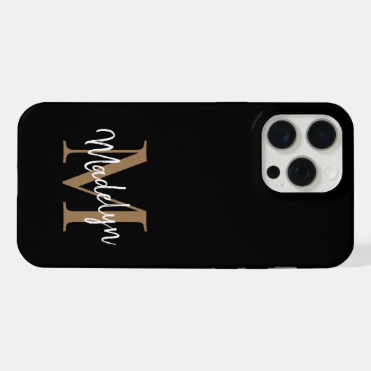 Modern Black Gold Monogram Feminine Script Name iPhone Hülle (Rückseite (Horizontal))