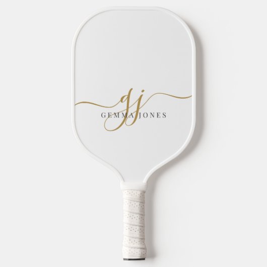 Modern Black Gold Monogram Feminine Script Name Pickleball Schläger (Vorderseite)