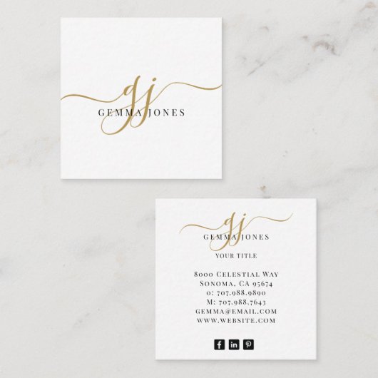 Modern Black Gold Monogram Feminine Script Name Quadratische Visitenkarte (Vorne/Hinten)