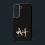 Modern Black Gold Monogram Feminine Script Name Samsung Galaxy Hülle<br><div class="desc">Modernes Black Gold Monogram Feminine Script Name Phone Case. Dieses elegante,  moderne Handy-Gehäuse lässt sich einfach mit Ihrem individuellen Monogramm und Namen personalisieren.</div>