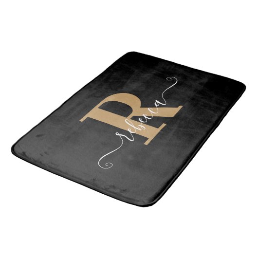 Modern Black Gold Monogram Handskriptname Bath m Badematte (Schrägansicht)