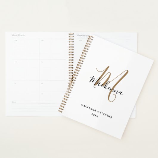 Modern Black Gold Monogram Initial Script Name Planer (Anzeige)