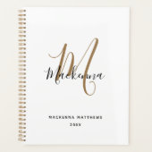 Modern Black Gold Monogram Initial Script Name Planer (Vorderseite)