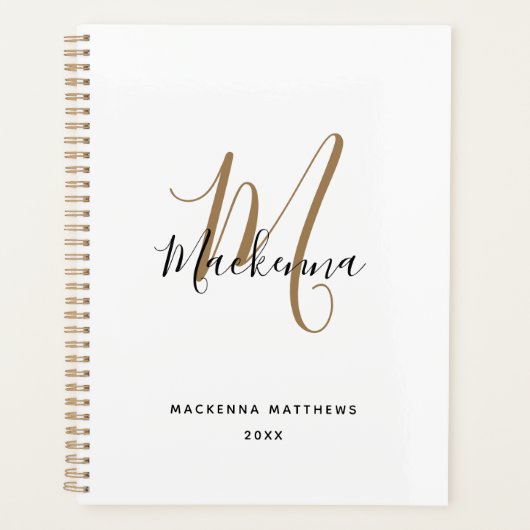 Modern Black Gold Monogram Initial Script Name Planer (Vorderseite)