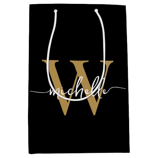 Modern Black Gold Monogram, Initial Stylish Script Mittlere Geschenktüte (Vorderseite)