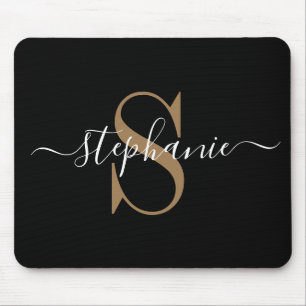 Modern Black Gold Monogram Mousepad