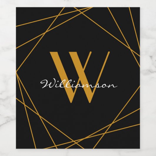 Modern Black Gold Monogram Name Script Geometrisch Weinetikett (Einzelnes Label)