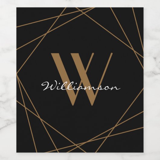 Modern Black Gold Monogram Name Script Geometrisch Weinetikett (Einzelnes Label)