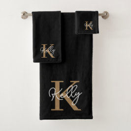 Modern Black Gold Monogram Script Badhandtuch Set