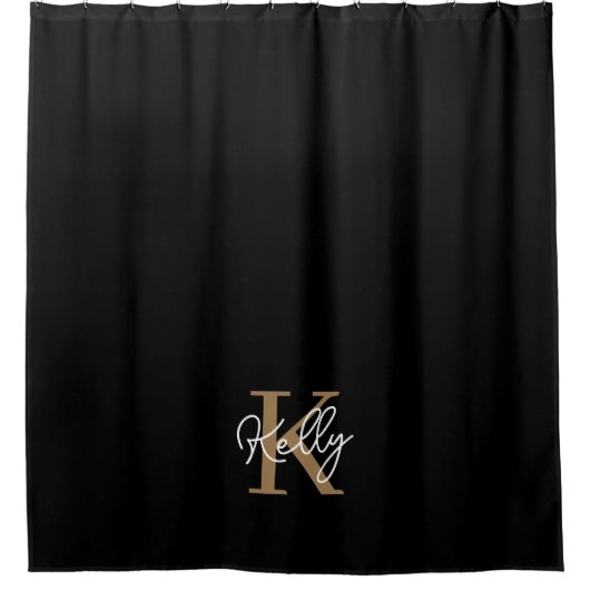 Modern Black Gold Monogram Script Duschvorhang (Vorderseite)