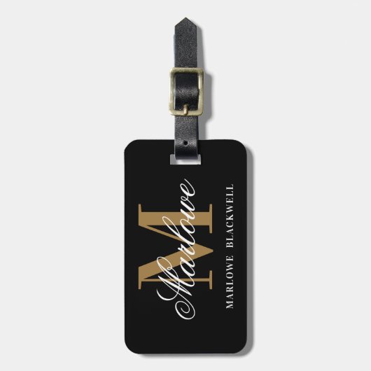 Modern Black Gold Monogram Script Gepäckanhänger (Vorderseite vertikal)