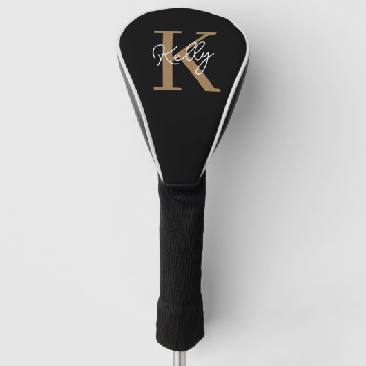 Modern Black Gold Monogram Script Golf Headcover (Vorderseite)