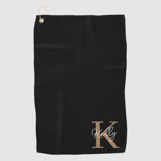 Modern Black Gold Monogram Script Golfhandtuch (Vorderseite)