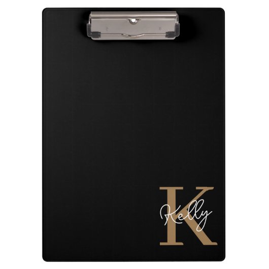 Modern Black Gold Monogram Script Klemmbrett (Vorderseite)