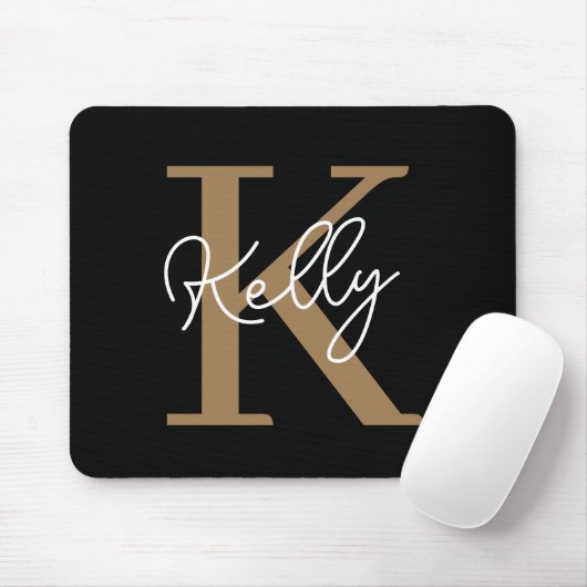 Modern Black Gold Monogram Script Mousepad (Mit Mouse)