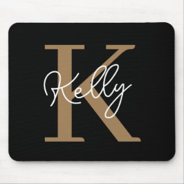 Modern Black Gold Monogram Script Mousepad
