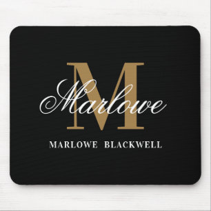 Modern Black Gold Monogram Script Mousepad
