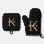 Modern Black Gold Monogram Script Ofenhandschuh & Topflappen-Set (Vorderseite)