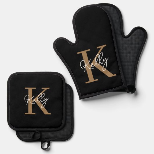 Modern Black Gold Monogram Script Ofenhandschuh & Topflappen-Set (Vorderseite/Rückseite)