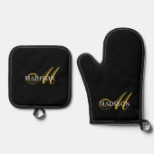 Modern Black Gold Monogram Script Ofenhandschuh & Topflappen-Set (Vorderseite)