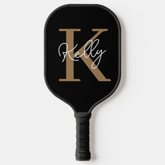 Modern Black Gold Monogram Script Pickleball Schläger (Vorderseite)
