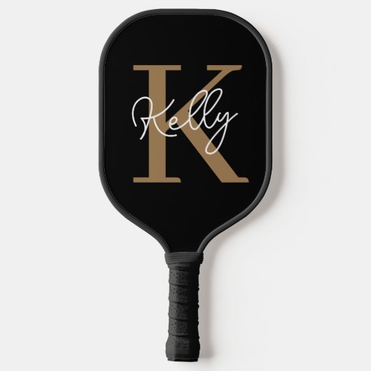 Modern Black Gold Monogram Script Pickleball Schläger (Rückseite)