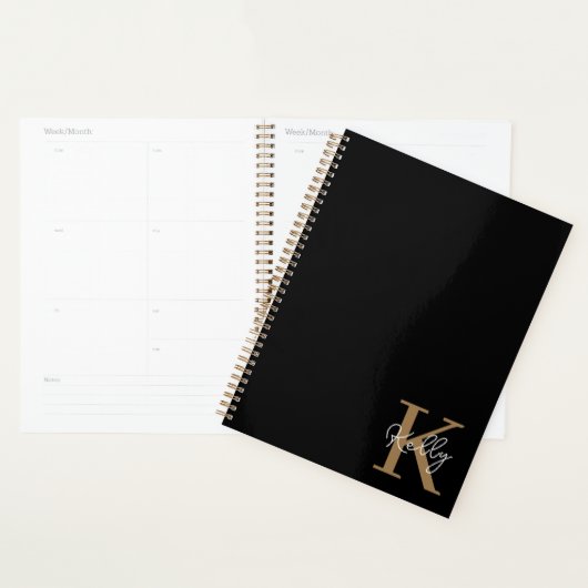 Modern Black Gold Monogram Script Planer (Anzeige)