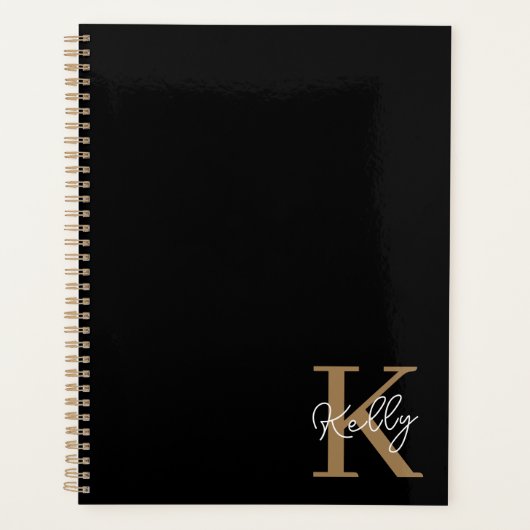 Modern Black Gold Monogram Script Planer (Vorderseite)