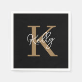 Modern Black Gold Monogram Script Serviette (Vorderseite)